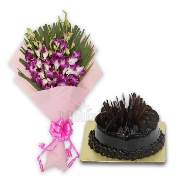 6 Purple Orchids with Half Kg Truffle Cake and Paper Packing